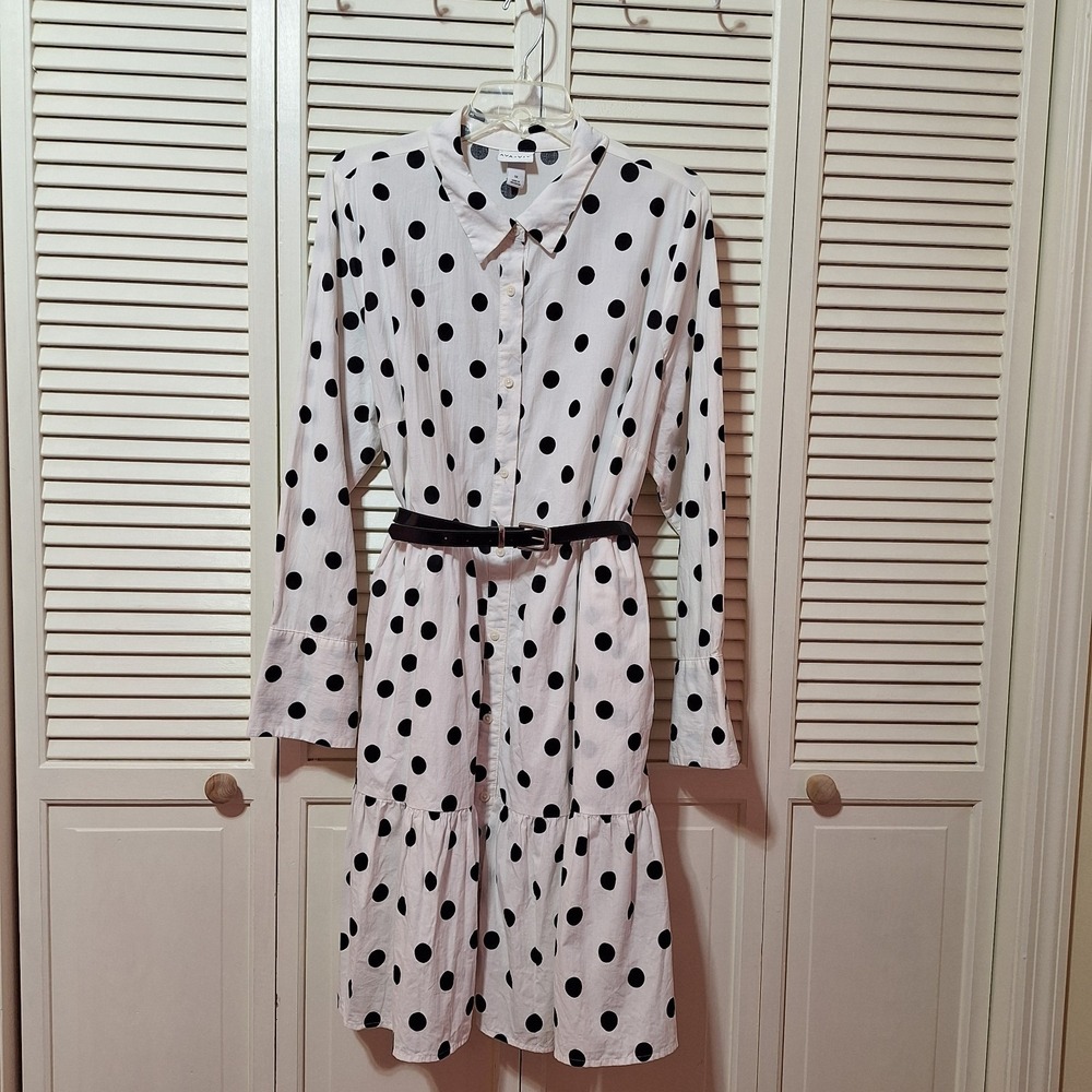 Ava & Viv Womens 1X White Black Polka Dot Button Front Shirt Dress Lined Flaw